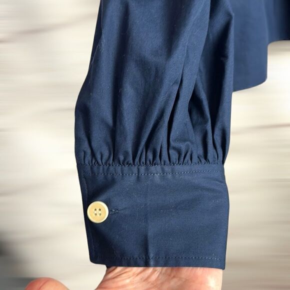 YUNE HO Cotton Navy Blue Peplum Top Relaxed Fit Blouse Drawstring Neck M - Picture 9 of 15